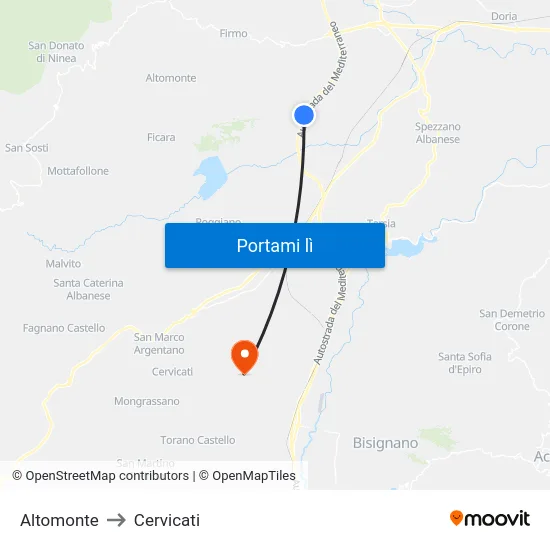 Altomonte to Cervicati map