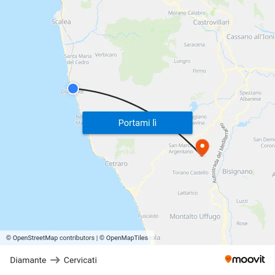 Diamante to Cervicati map