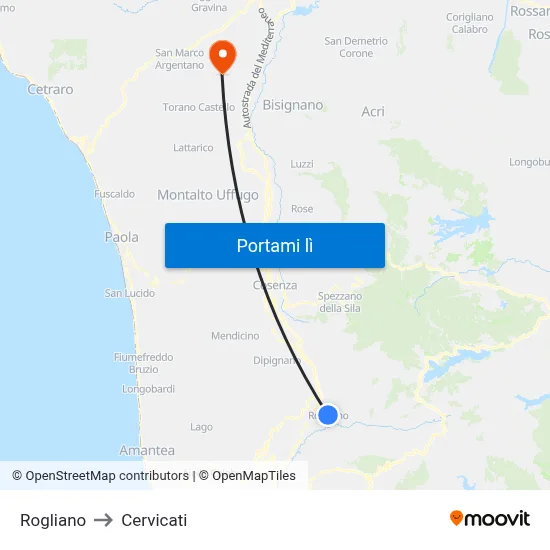 Rogliano to Cervicati map