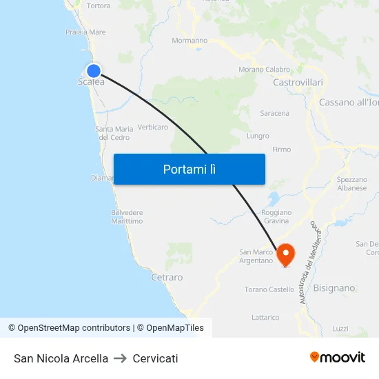 San Nicola Arcella to Cervicati map