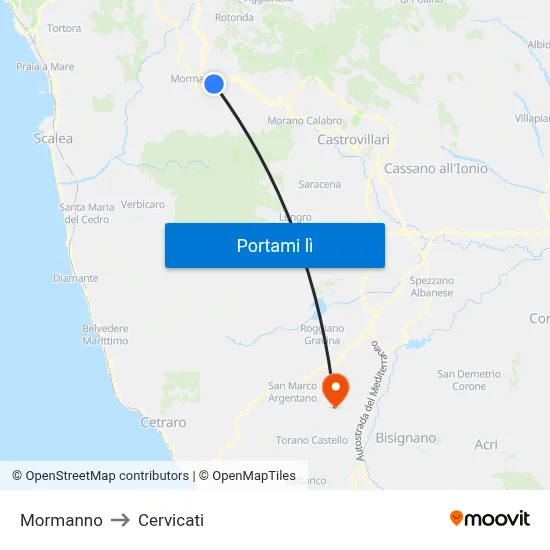 Mormanno to Cervicati map