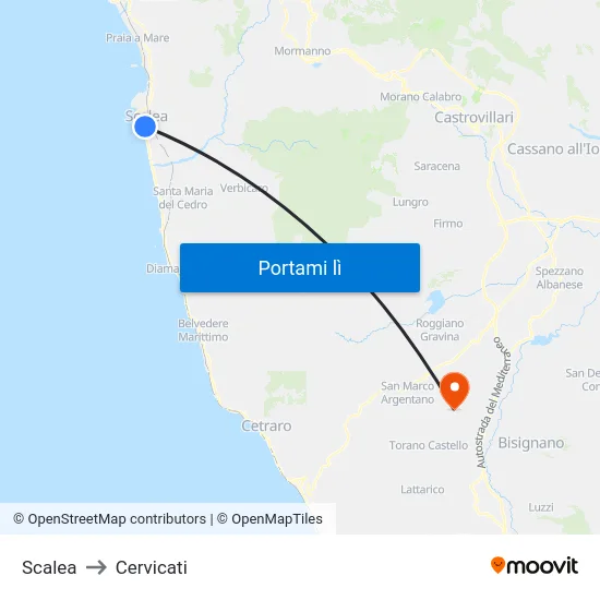 Scalea to Cervicati map