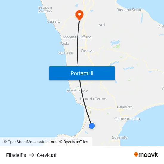 Filadelfia to Cervicati map