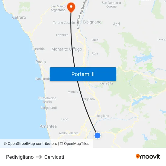 Pedivigliano to Cervicati map