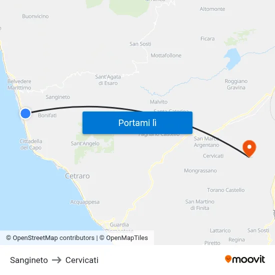 Sangineto to Cervicati map