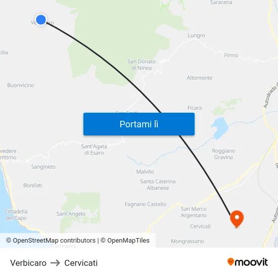 Verbicaro to Cervicati map