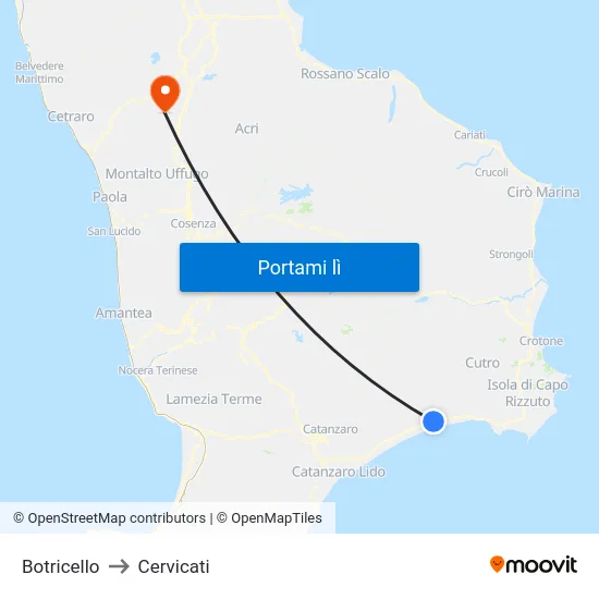 Botricello to Cervicati map