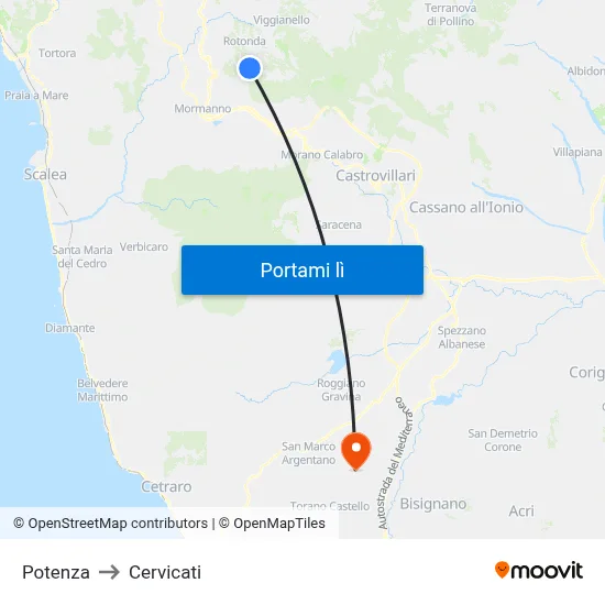 Potenza to Cervicati map