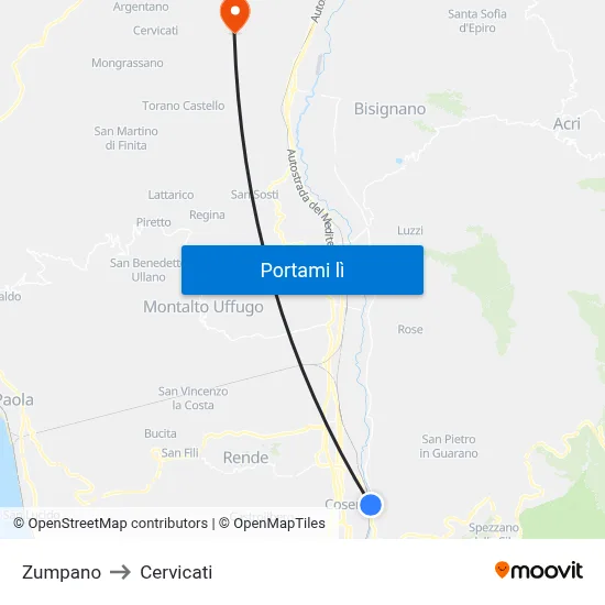 Zumpano to Cervicati map