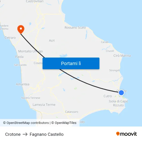 Crotone to Fagnano Castello map