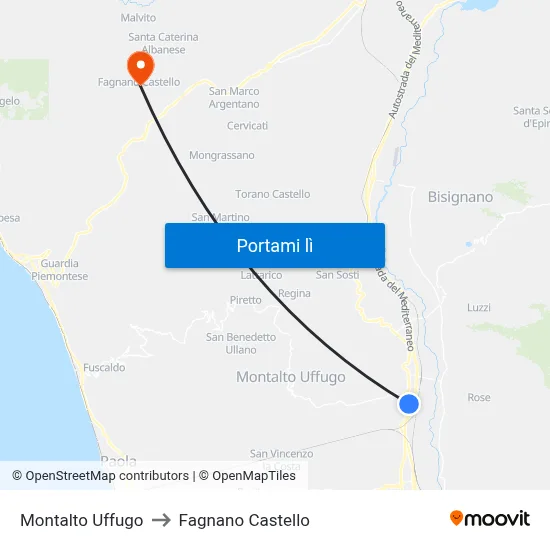 Montalto Uffugo to Fagnano Castello map