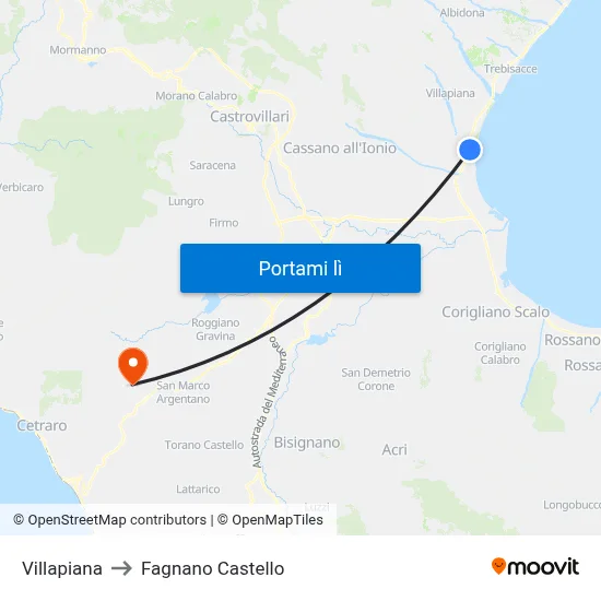 Villapiana to Fagnano Castello map