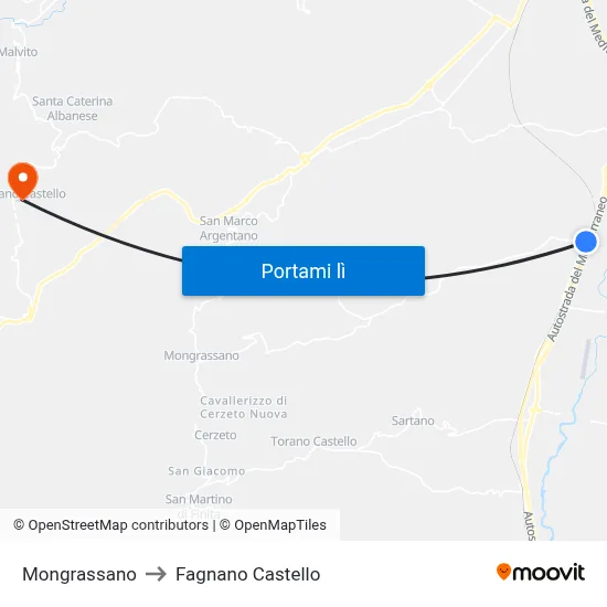 Mongrassano to Fagnano Castello map