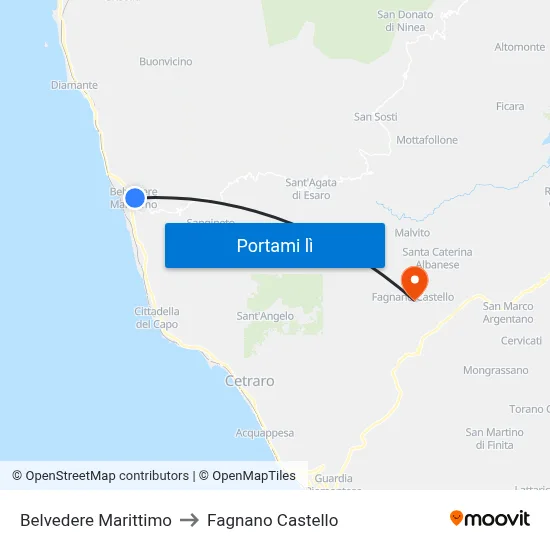 Belvedere Marittimo to Fagnano Castello map