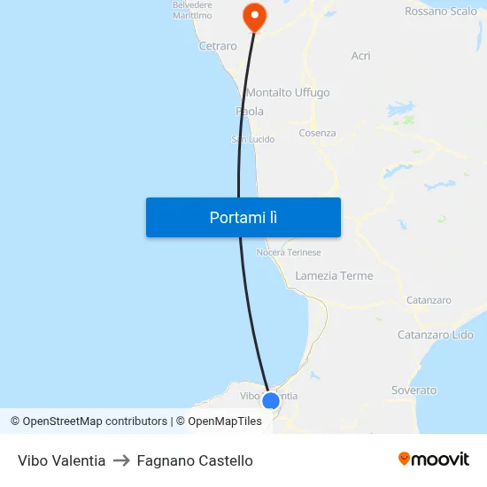 Vibo Valentia to Fagnano Castello map