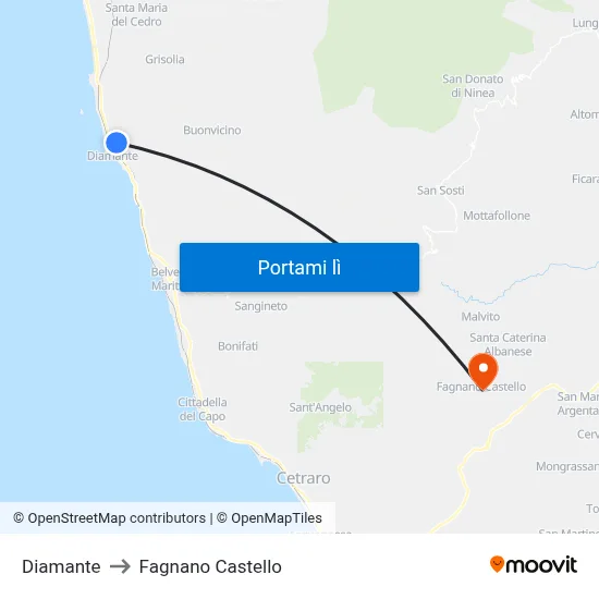 Diamante to Fagnano Castello map