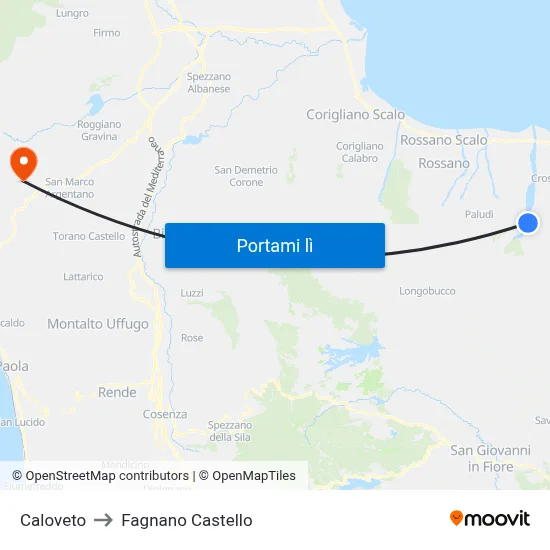 Caloveto to Fagnano Castello map