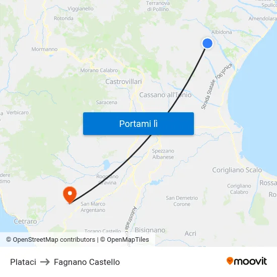 Plataci to Fagnano Castello map