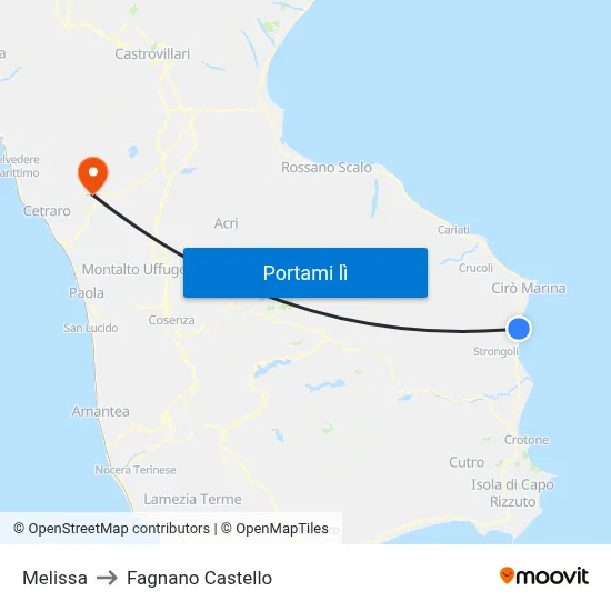 Melissa to Fagnano Castello map