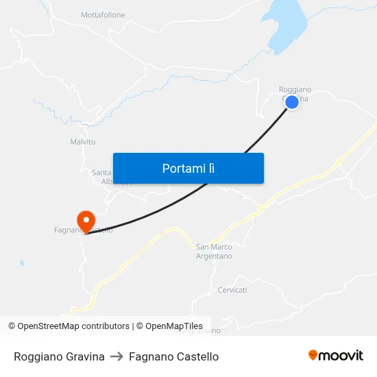 Roggiano Gravina to Fagnano Castello map