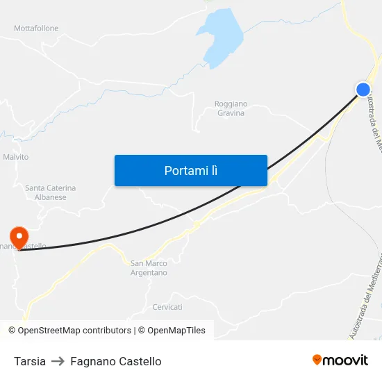Tarsia to Fagnano Castello map
