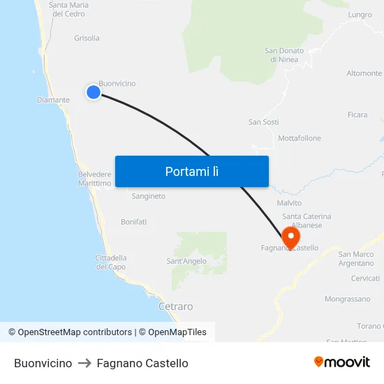 Buonvicino to Fagnano Castello map