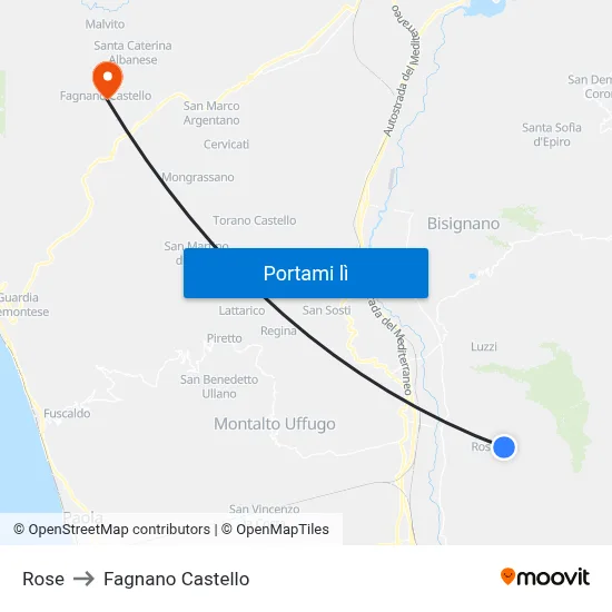 Rose to Fagnano Castello map