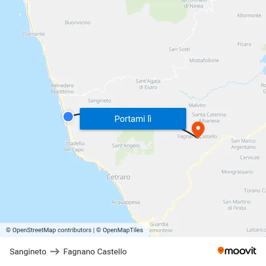 Sangineto to Fagnano Castello map
