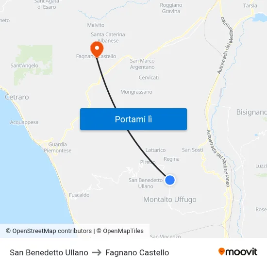 San Benedetto Ullano to Fagnano Castello map
