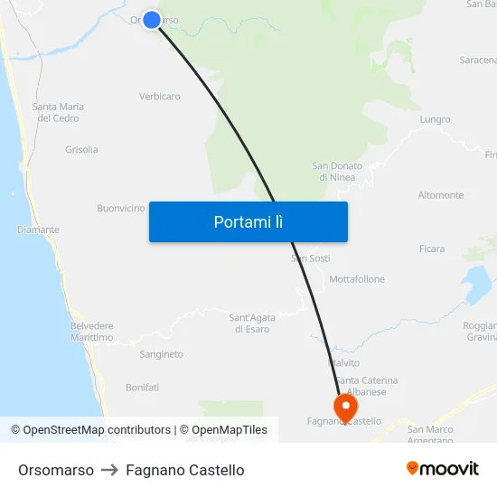 Orsomarso to Fagnano Castello map