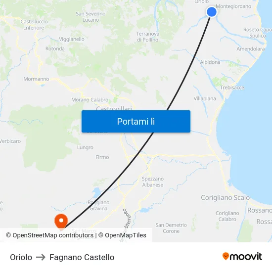 Oriolo to Fagnano Castello map
