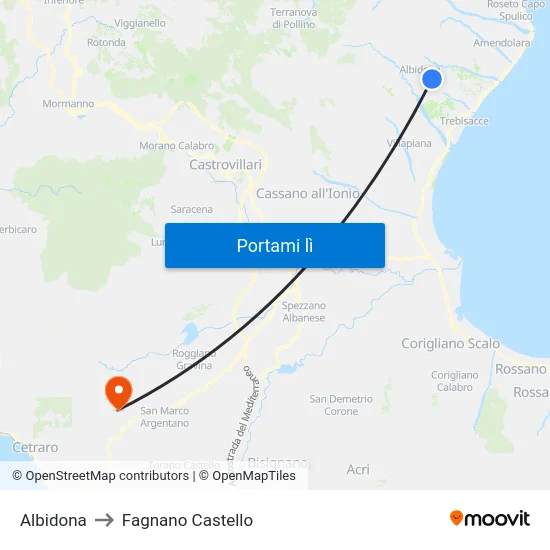 Albidona to Fagnano Castello map
