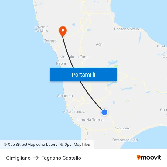 Gimigliano to Fagnano Castello map