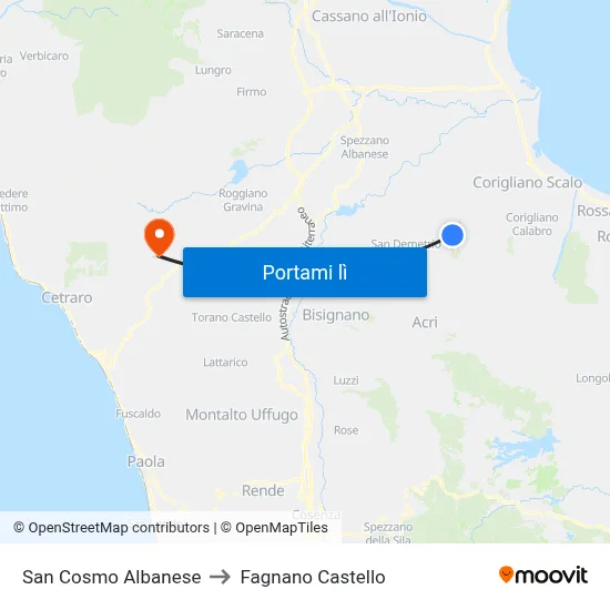 San Cosmo Albanese to Fagnano Castello map