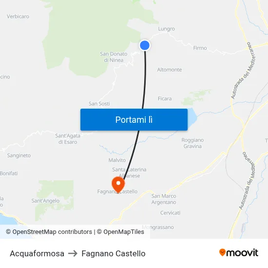 Acquaformosa to Fagnano Castello map