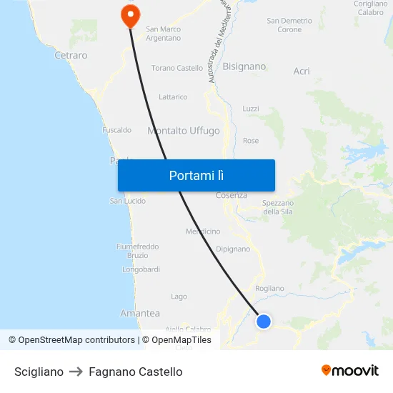 Scigliano to Fagnano Castello map