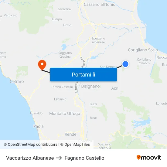 Vaccarizzo Albanese to Fagnano Castello map