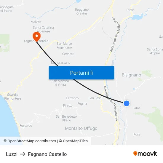 Luzzi to Fagnano Castello map