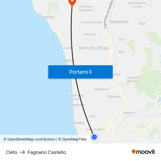 Cleto to Fagnano Castello map