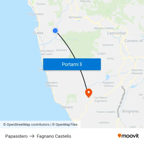 Papasidero to Fagnano Castello map