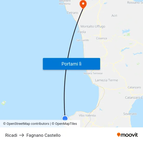 Ricadi to Fagnano Castello map