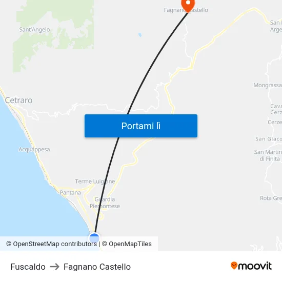 Fuscaldo to Fagnano Castello map