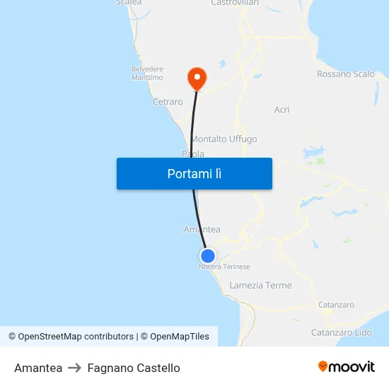 Amantea to Fagnano Castello map