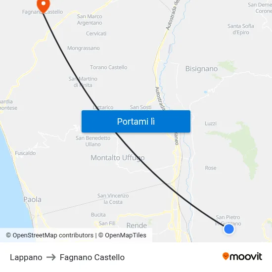 Lappano to Fagnano Castello map