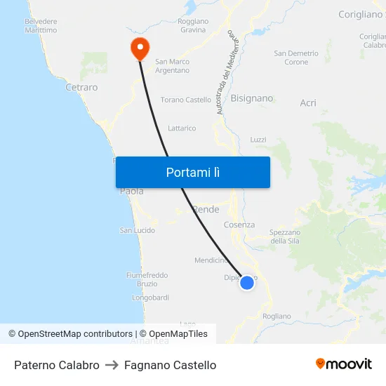 Paterno Calabro to Fagnano Castello map