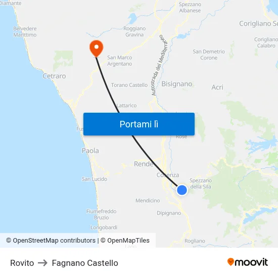 Rovito to Fagnano Castello map