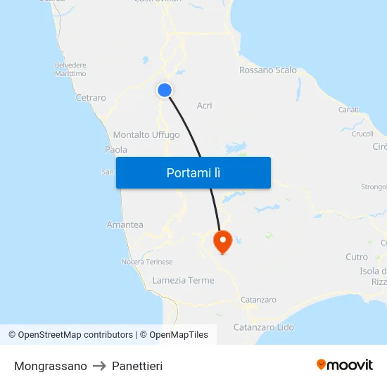 Mongrassano to Panettieri map