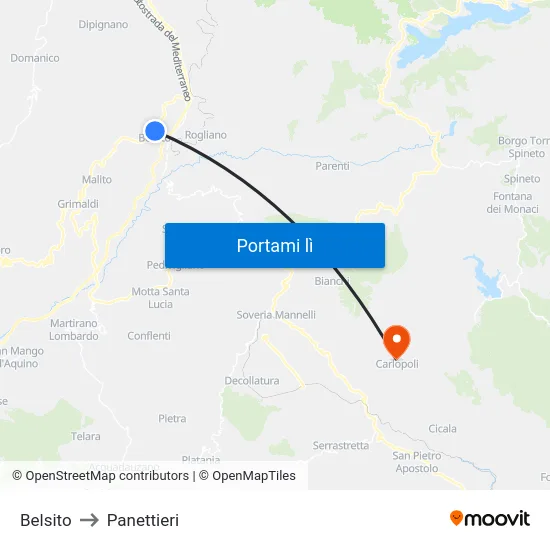 Belsito to Panettieri map
