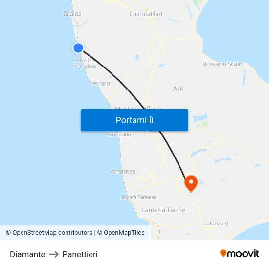 Diamante to Panettieri map