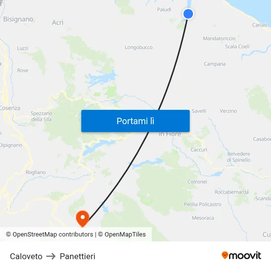 Caloveto to Panettieri map